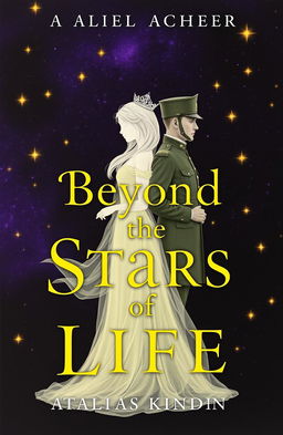 A captivating book cover design featuring a princess and a soldier, both portrayed as ethereal figures, standing back-to-back