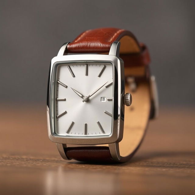 A stylish square watch featuring a rich brown leather strap, with a polished silver case and a minimalist face displaying elegant hour markers