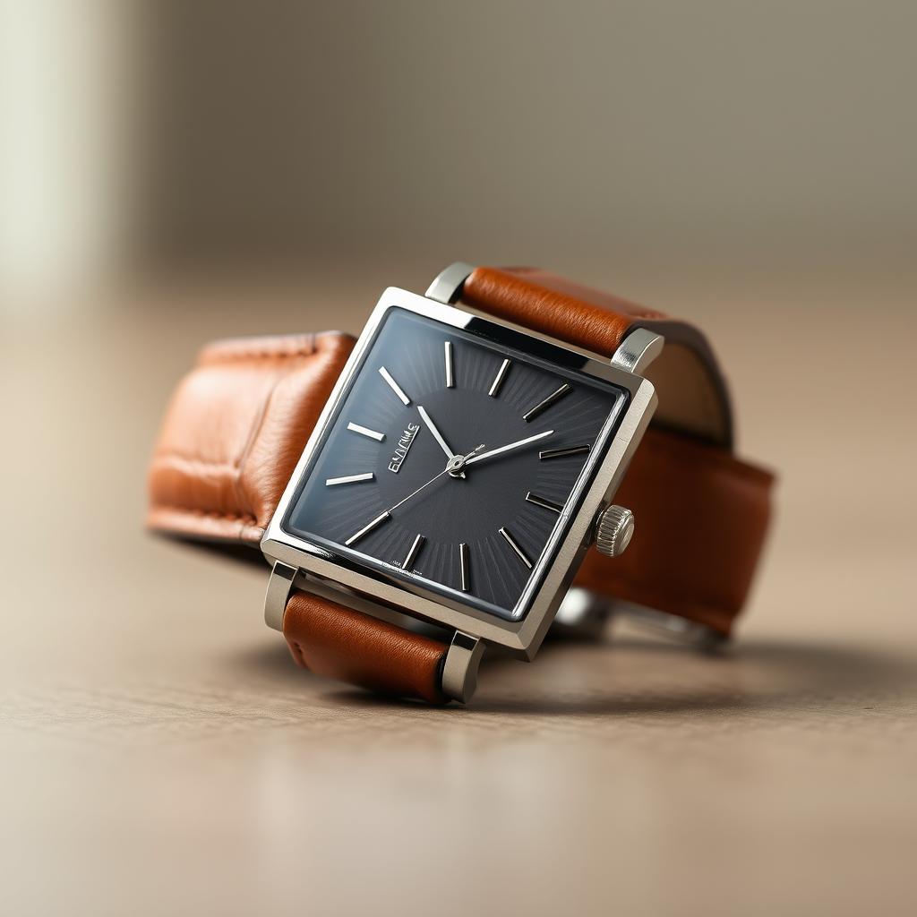 A stylish square watch featuring a rich brown leather strap, with a polished silver case and a minimalist face displaying elegant hour markers