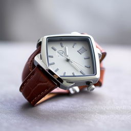 A stylish square watch featuring a rich brown leather strap, with a polished silver case and a minimalist face displaying elegant hour markers