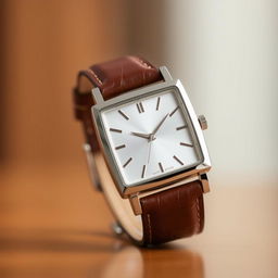 A stylish square watch featuring a rich brown leather strap, with a polished silver case and a minimalist face displaying elegant hour markers
