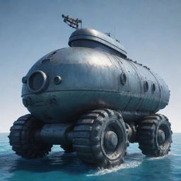 An Aquapunk armored vehicle, expressing a deep connection to the ocean and marine life. It is stylized like an armored submarine on wheels, with a body resembling a sea creature's, barnacle textured armor, circular portholes, a periscope, and an overall sleek aquatic design