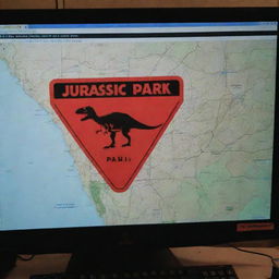 Create an image of the control room's computer screen, displaying a map of Jurassic Park with a red warning sign at the T-Rex Paddock, drawing a grim focus from the onlooking Alan Grant.