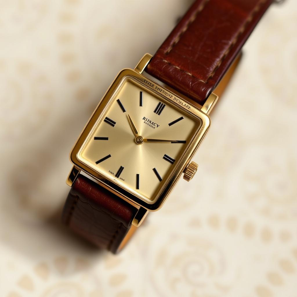 A sophisticated woman's rectangular watch measuring 18x22 mm, featuring a sleek gold-plated case and a vintage brown leather strap that showcases a rich texture