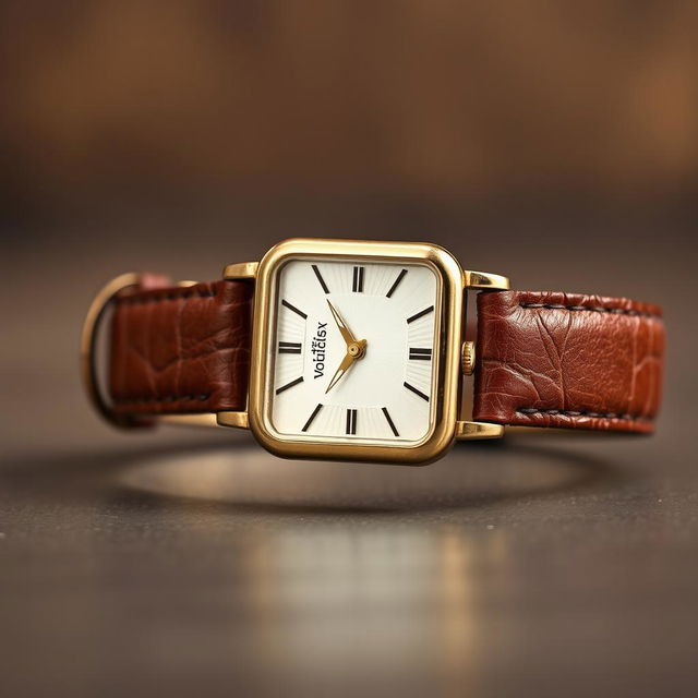 A sophisticated woman's rectangular watch measuring 18x22 mm, featuring a sleek gold-plated case and a vintage brown leather strap that showcases a rich texture