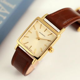 A sophisticated woman's rectangular watch measuring 18x22 mm, featuring a sleek gold-plated case and a vintage brown leather strap that showcases a rich texture