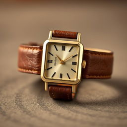 A sophisticated woman's rectangular watch measuring 18x22 mm, featuring a sleek gold-plated case and a vintage brown leather strap that showcases a rich texture