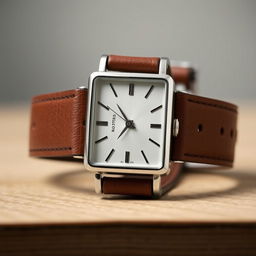 An elegant woman's rectangular watch measuring 18x22 mm with a slim profile, showcasing a polished silver case that contrasts beautifully with a vintage brown leather strap