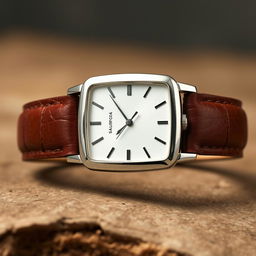 An elegant woman's rectangular watch measuring 18x22 mm with a slim profile, showcasing a polished silver case that contrasts beautifully with a vintage brown leather strap