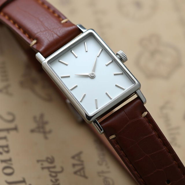 An elegant woman's rectangular watch measuring 18x22 mm with a slim profile, showcasing a polished silver case that contrasts beautifully with a vintage brown leather strap