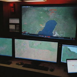 Create an image of the control room's computer screen, displaying a map of Jurassic Park with a red warning sign at the T-Rex Paddock, drawing a grim focus from the onlooking Alan Grant.