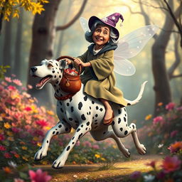 A whimsical scene featuring a mid-aged fairy godmother with a kind face and flowing robes, riding playfully atop a large, spotted Dalmatian dog