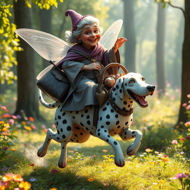 A whimsical scene featuring a mid-aged fairy godmother with a kind face and flowing robes, riding playfully atop a large, spotted Dalmatian dog