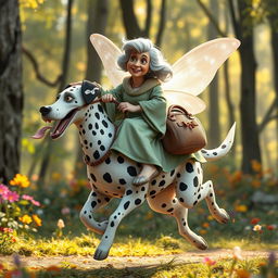 A whimsical scene featuring a mid-aged fairy godmother with a kind face and flowing robes, riding playfully atop a large, spotted Dalmatian dog