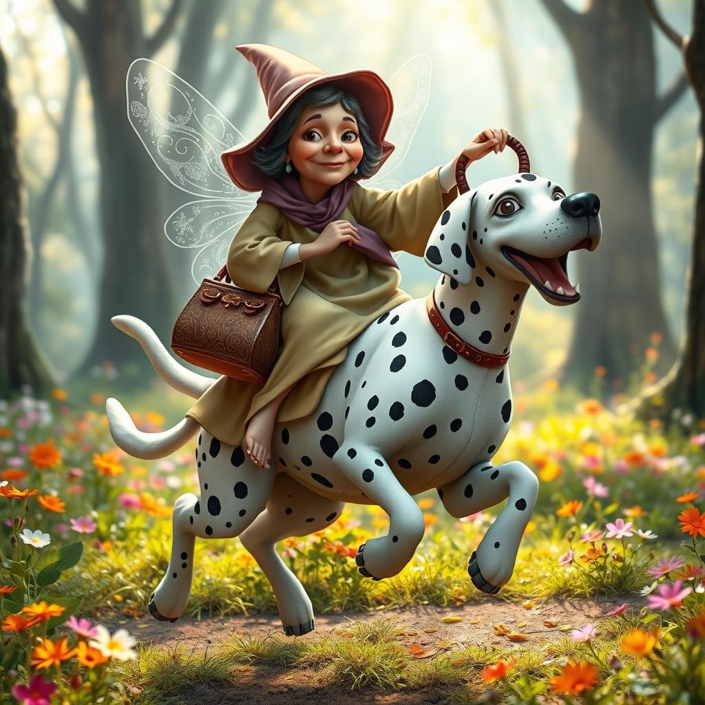 A whimsical scene featuring a mid-aged fairy godmother with a kind face and flowing robes, riding playfully atop a large, spotted Dalmatian dog