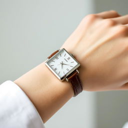 A refined woman's rectangular watch measuring 18x22 mm with a slim profile and a polished silver case, beautifully complemented by a vintage brown leather strap that is 10 mm wide