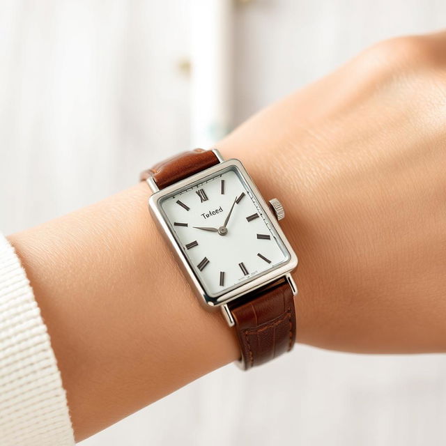 A refined woman's rectangular watch measuring 18x22 mm with a slim profile and a polished silver case, beautifully complemented by a vintage brown leather strap that is 10 mm wide