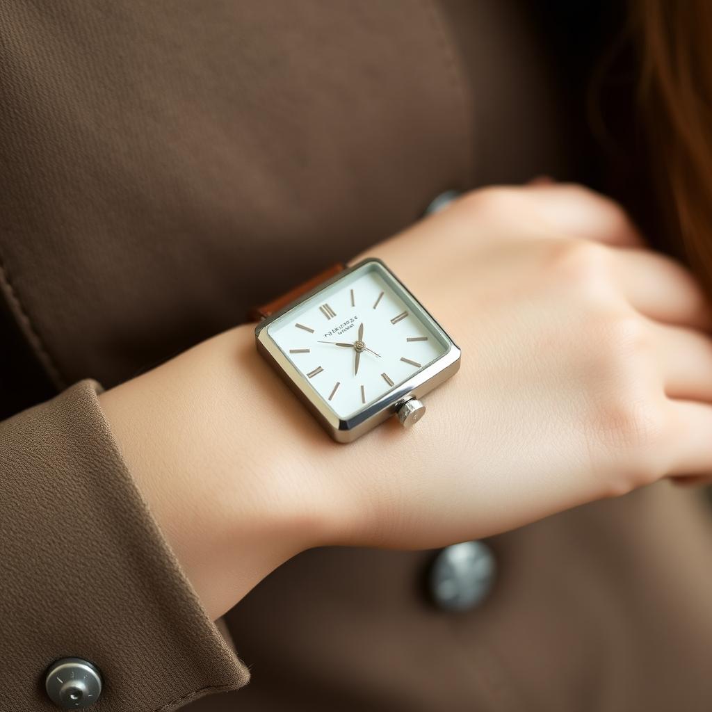 A refined woman's rectangular watch measuring 18x22 mm with a slim profile and a polished silver case, beautifully complemented by a vintage brown leather strap that is 10 mm wide