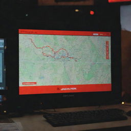 Create an image of the control room's computer screen, displaying a map of Jurassic Park with a red warning sign at the T-Rex Paddock, drawing a grim focus from the onlooking Alan Grant.