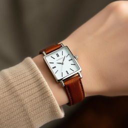 A refined woman's rectangular watch measuring 18x22 mm with a slim profile and a polished silver case, beautifully complemented by a vintage brown leather strap that is 10 mm wide
