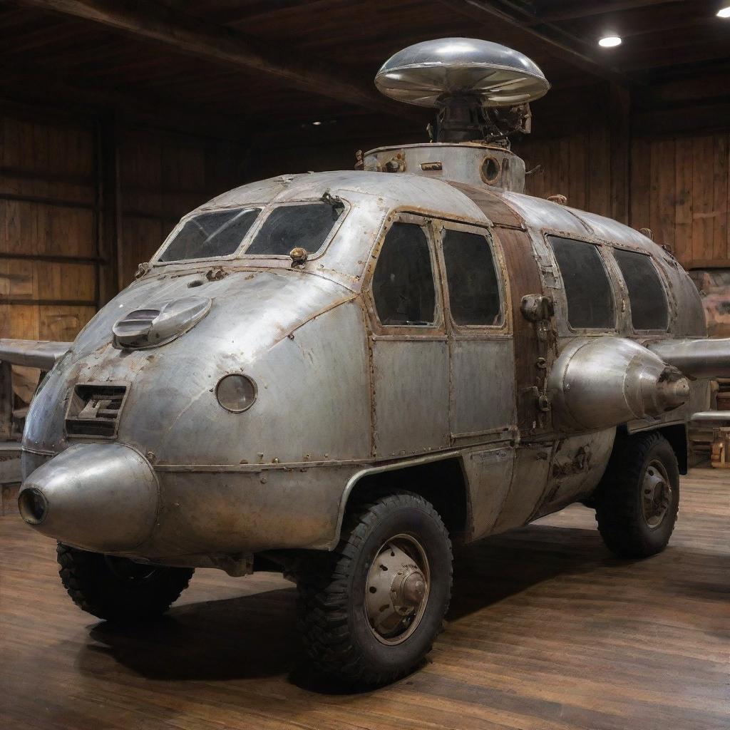 An Airpunk armored vehicle, reminiscent of vintage aviation technology. The vehicle exhibits features like rotating propeller engines, weathered aluminum body, glass dome cockpit, plane wing-like fenders, and an array of gauges and dials on a elegantly aged wooden panel