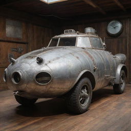 An Airpunk armored vehicle, reminiscent of vintage aviation technology. The vehicle exhibits features like rotating propeller engines, weathered aluminum body, glass dome cockpit, plane wing-like fenders, and an array of gauges and dials on a elegantly aged wooden panel