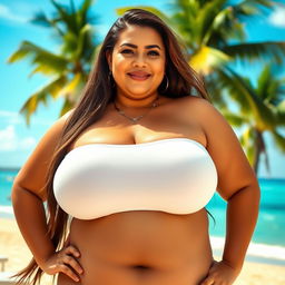 A voluptuous woman with a curvy figure, showcasing her ample bosom that resembles two large ships