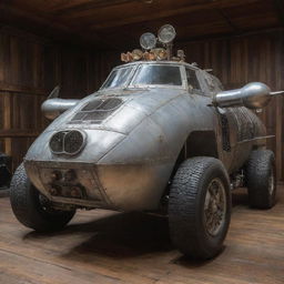 An Airpunk armored vehicle, reminiscent of vintage aviation technology. The vehicle exhibits features like rotating propeller engines, weathered aluminum body, glass dome cockpit, plane wing-like fenders, and an array of gauges and dials on a elegantly aged wooden panel