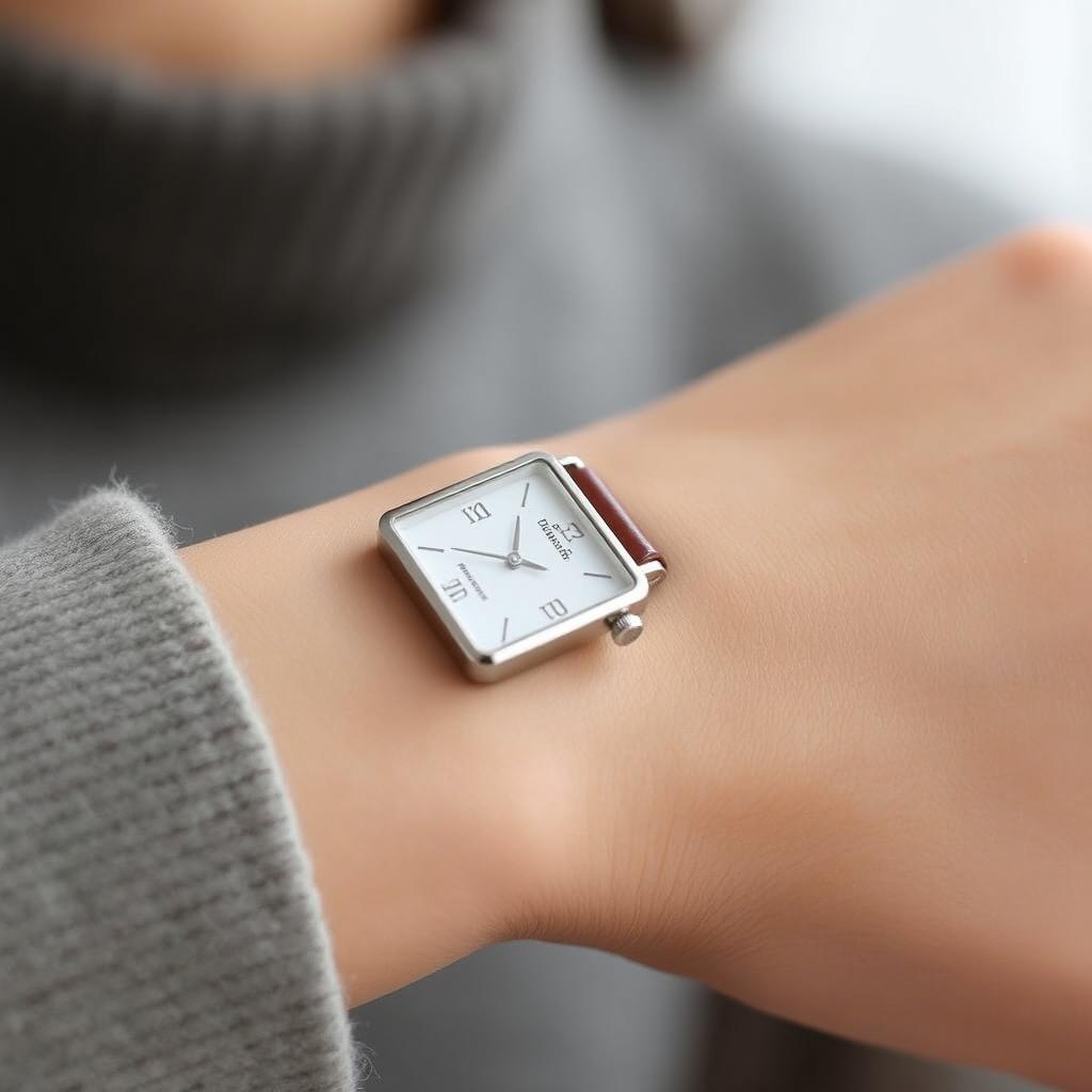 A stylish woman's small rectangular watch measuring 15x20 mm with a slim profile, featuring a polished silver case