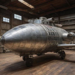 An Airpunk armored vehicle, reminiscent of vintage aviation technology. The vehicle exhibits features like rotating propeller engines, weathered aluminum body, glass dome cockpit, plane wing-like fenders, and an array of gauges and dials on a elegantly aged wooden panel