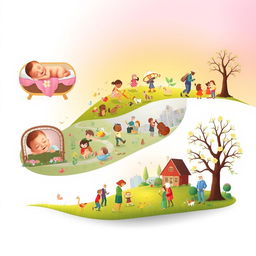 An imaginative and heartfelt depiction of life’s journey from birth to legacy, showcasing key life stages in a smooth, flowing narrative