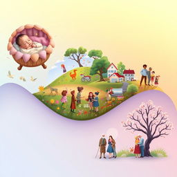 An imaginative and heartfelt depiction of life’s journey from birth to legacy, showcasing key life stages in a smooth, flowing narrative