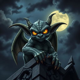 A villainous, short, yet fit gargoyle with striking yellow eyes, exuding charm and mischief