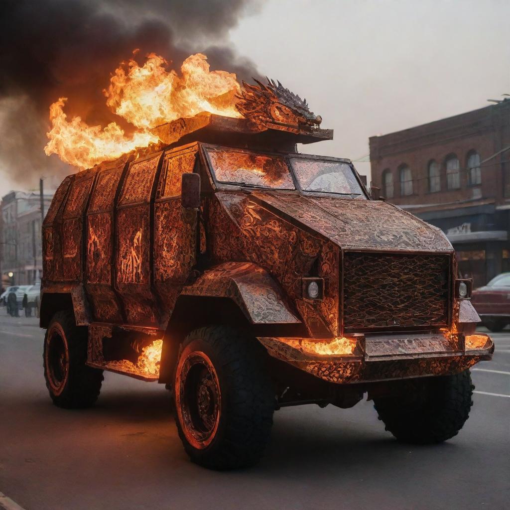 A Firepunk armored vehicle, showcasing the mesmerizing beauty of fire. It's a vividly glowing vehicle with patterns resembling dancing flames, a dragon-like silhouette, a smokestack exhaust spewing fire, and incorporated molten metal aspects, illuminating the surrounding in a warm, fiery hue