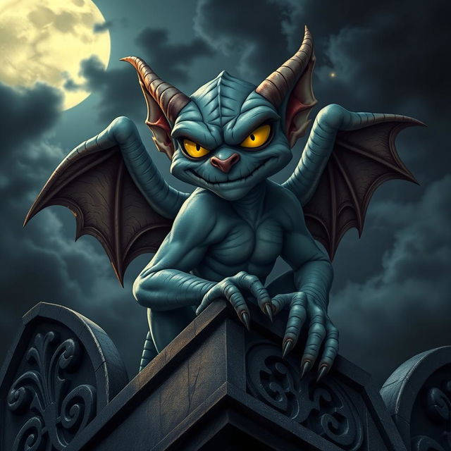 A villainous, short, yet fit gargoyle with striking yellow eyes, exuding charm and mischief