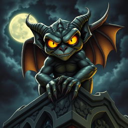 A villainous, short, yet fit gargoyle with striking yellow eyes, exuding charm and mischief