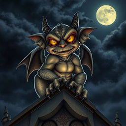 A villainous, short, yet fit gargoyle with striking yellow eyes, exuding charm and mischief