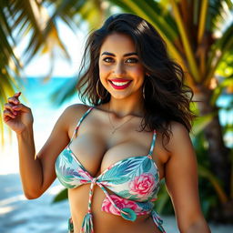 A captivating young Brazilian woman with a blend of European features, showcasing her voluptuous figure and large, attractive breasts
