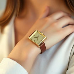 A stylish woman's small rectangular watch measuring 15x20 mm with a slim profile, featuring a luxurious gold case that glimmers softly
