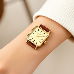 A stylish woman's small rectangular watch measuring 15x20 mm with a slim profile, featuring a luxurious gold case that glimmers softly