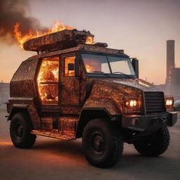 A Firepunk armored vehicle, showcasing the mesmerizing beauty of fire. It's a vividly glowing vehicle with patterns resembling dancing flames, a dragon-like silhouette, a smokestack exhaust spewing fire, and incorporated molten metal aspects, illuminating the surrounding in a warm, fiery hue