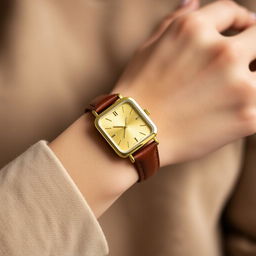 A stylish woman's small rectangular watch measuring 15x20 mm with a slim profile, featuring a luxurious gold case that glimmers softly