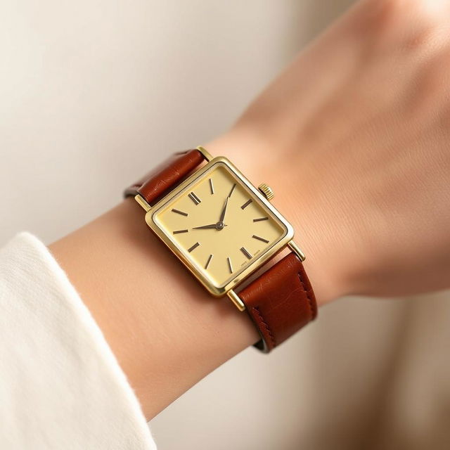 A stylish woman's small rectangular watch measuring 15x20 mm with a slim profile, featuring a luxurious gold case that glimmers softly