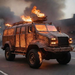 A Firepunk armored vehicle, showcasing the mesmerizing beauty of fire. It's a vividly glowing vehicle with patterns resembling dancing flames, a dragon-like silhouette, a smokestack exhaust spewing fire, and incorporated molten metal aspects, illuminating the surrounding in a warm, fiery hue