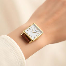A stylish woman's small rectangular watch measuring 15x20 mm with a slim thickness, featuring a luxurious gold case that catches the light beautifully