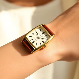 A stylish woman's small rectangular watch measuring 15x20 mm with a slim thickness, featuring a luxurious gold case that catches the light beautifully