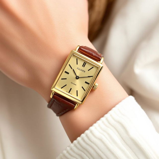 A stylish woman's small rectangular watch measuring 15x20 mm with a slim thickness, featuring a luxurious gold case that catches the light beautifully