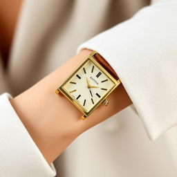 A stylish woman's small rectangular watch measuring 15x20 mm with a slim thickness, featuring a luxurious gold case that catches the light beautifully