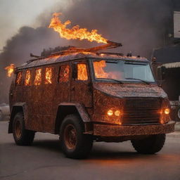 A Firepunk armored vehicle, showcasing the mesmerizing beauty of fire. It's a vividly glowing vehicle with patterns resembling dancing flames, a dragon-like silhouette, a smokestack exhaust spewing fire, and incorporated molten metal aspects, illuminating the surrounding in a warm, fiery hue