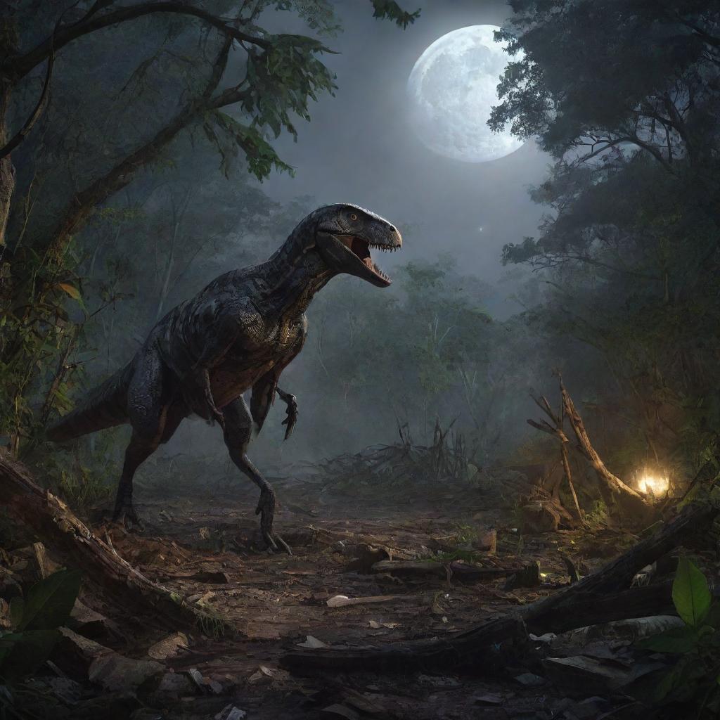 Depict a sudden scene of the Raptor Paddock in ruins, the protective barriers torn apart among the dense jungle, the scattered debris illuminated by the pale moonlight.